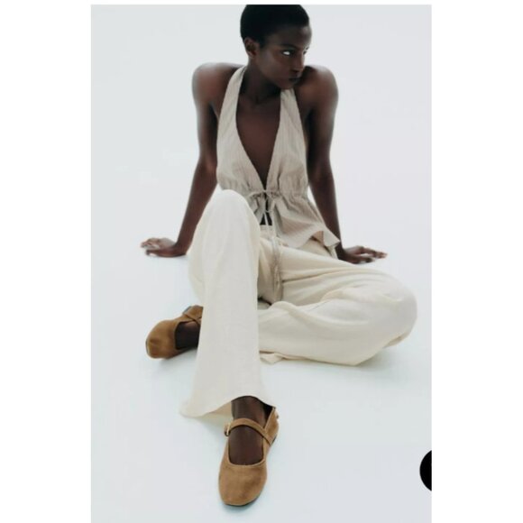 ZARA Women’s Suede Mary Jane Flats Brown Tan Ballet Shoes Size 40 Buckle Strap - Picture 1 of 14
